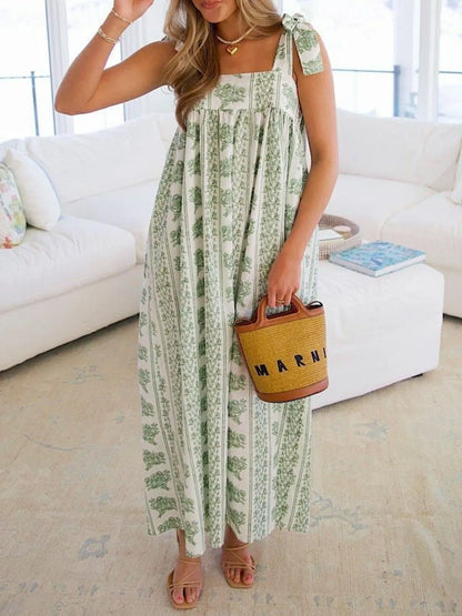 Hazel Blues® |  Printed Tie Shoulder Square Neck Midi Dress