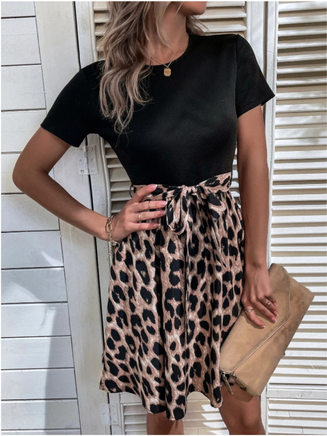 Hazel Blues® |  Tied Front Contrast Leopard Short Sleeve Mini Dress