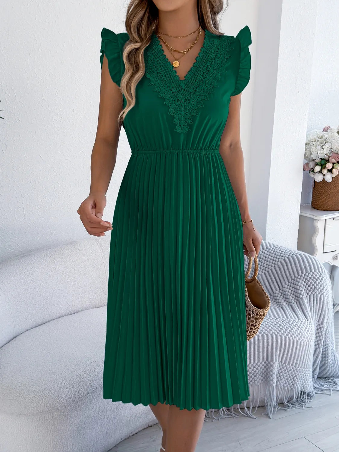 Hazel Blues® |  Lace Detail Ruffled Cap Sleeve Pleated Dress