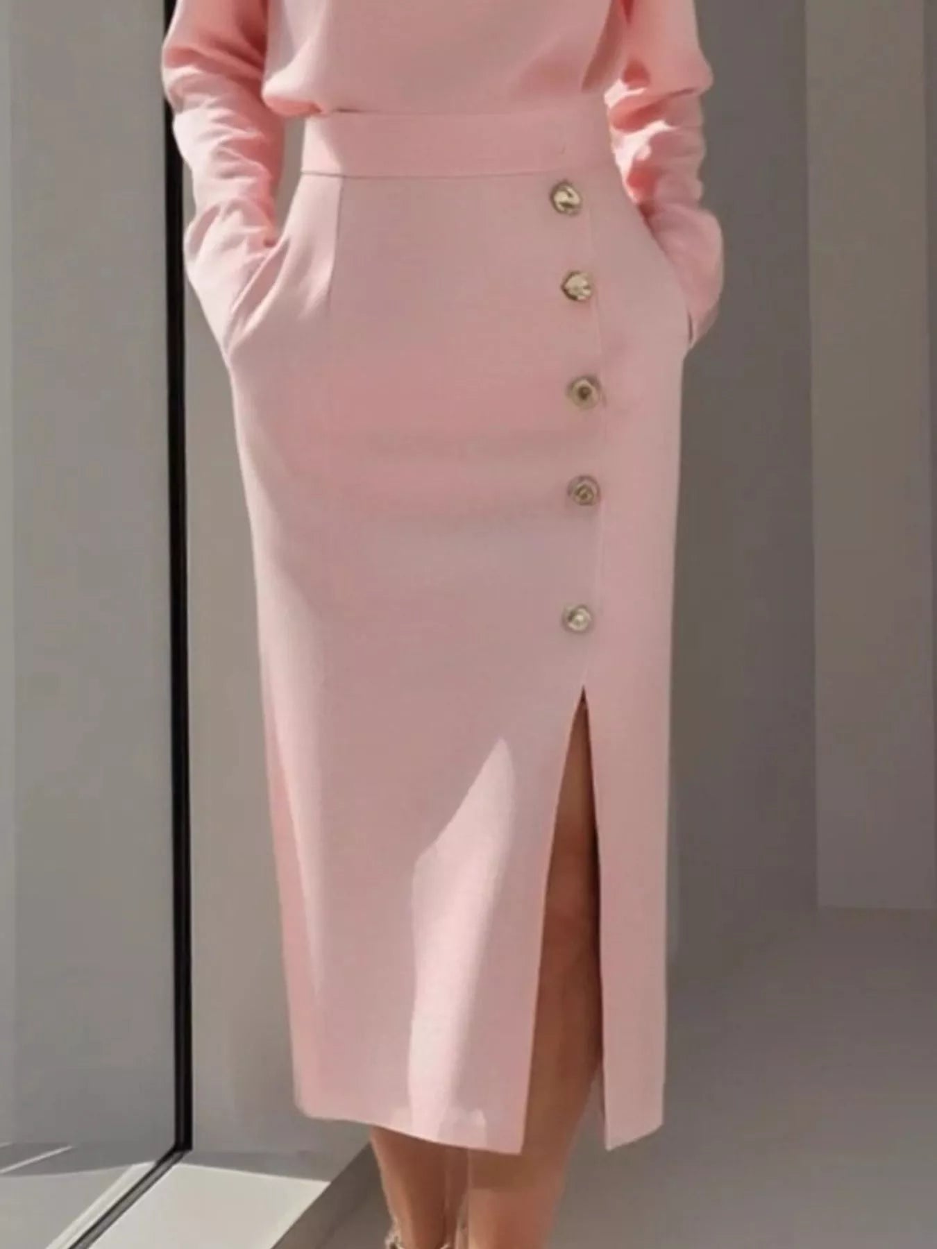Hazel Blues® |  Long Sleeve Button Detail Midi Dress with Side Slit