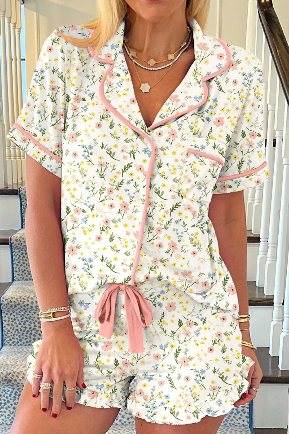 Hazel Blues® |  Printed Button Up Short Sleeve Top and Shorts Lounge Set