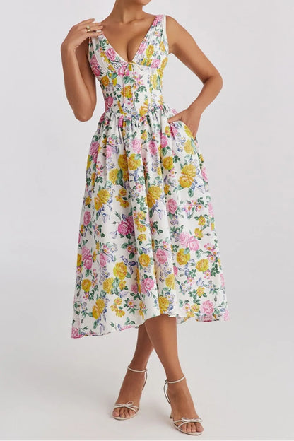 Hazel Blues® |  Floral V-Neck Sleeveless Midi Dress with Pockets