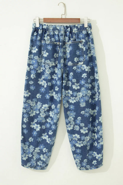Hazel Blues® |  Dainty Floral Printed Drawstring Barrel Jeans