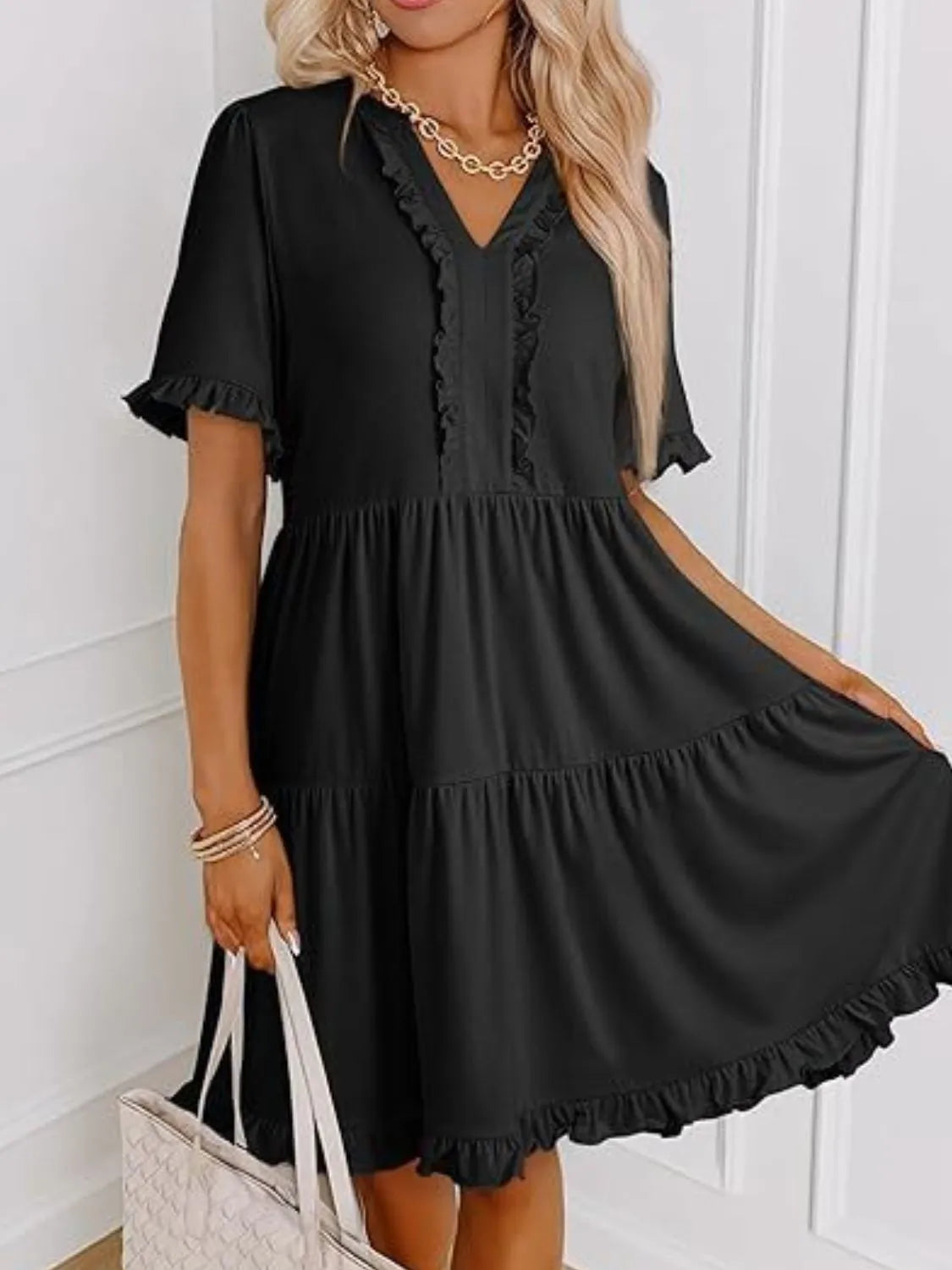 Hazel Blues® |  Tiered Notched Short Sleeve Mini Dress