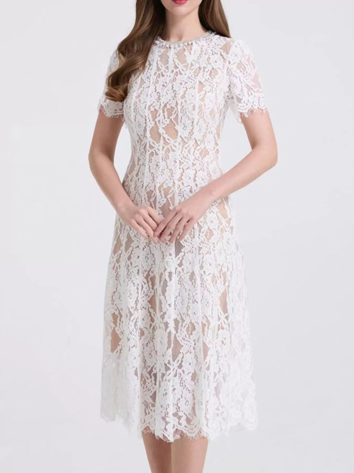 Hazel Blues® |  Lace Pearl Neckline Midi Dress