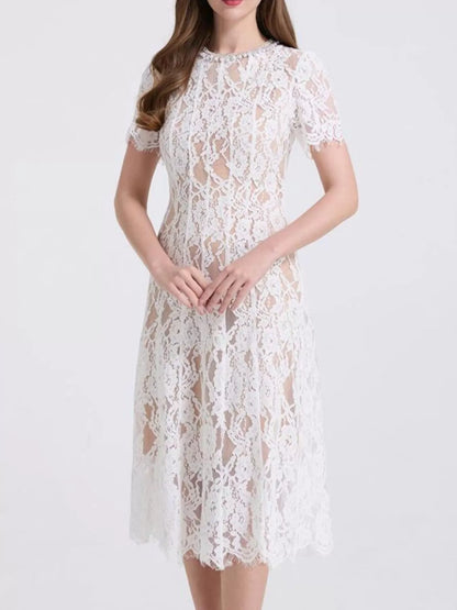Hazel Blues® |  Lace Pearl Neckline Midi Dress