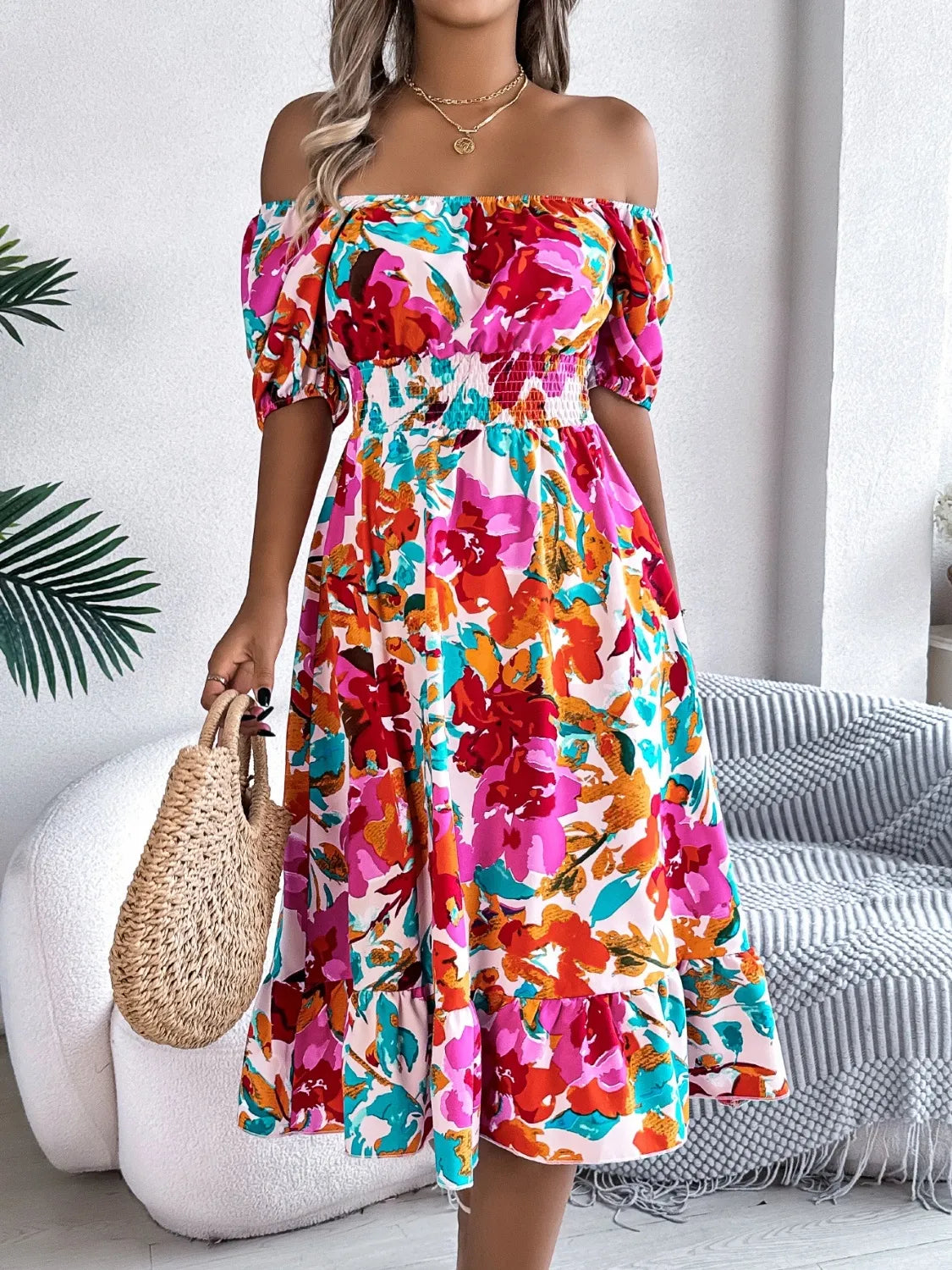 Hazel Blues® |  Ruffled Hem Smocked Floral Short Sleeve Midi Dress