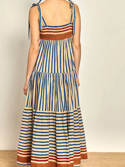 Hazel Blues® |  Striped Tie-Shoulder Tiered Maxi Dress