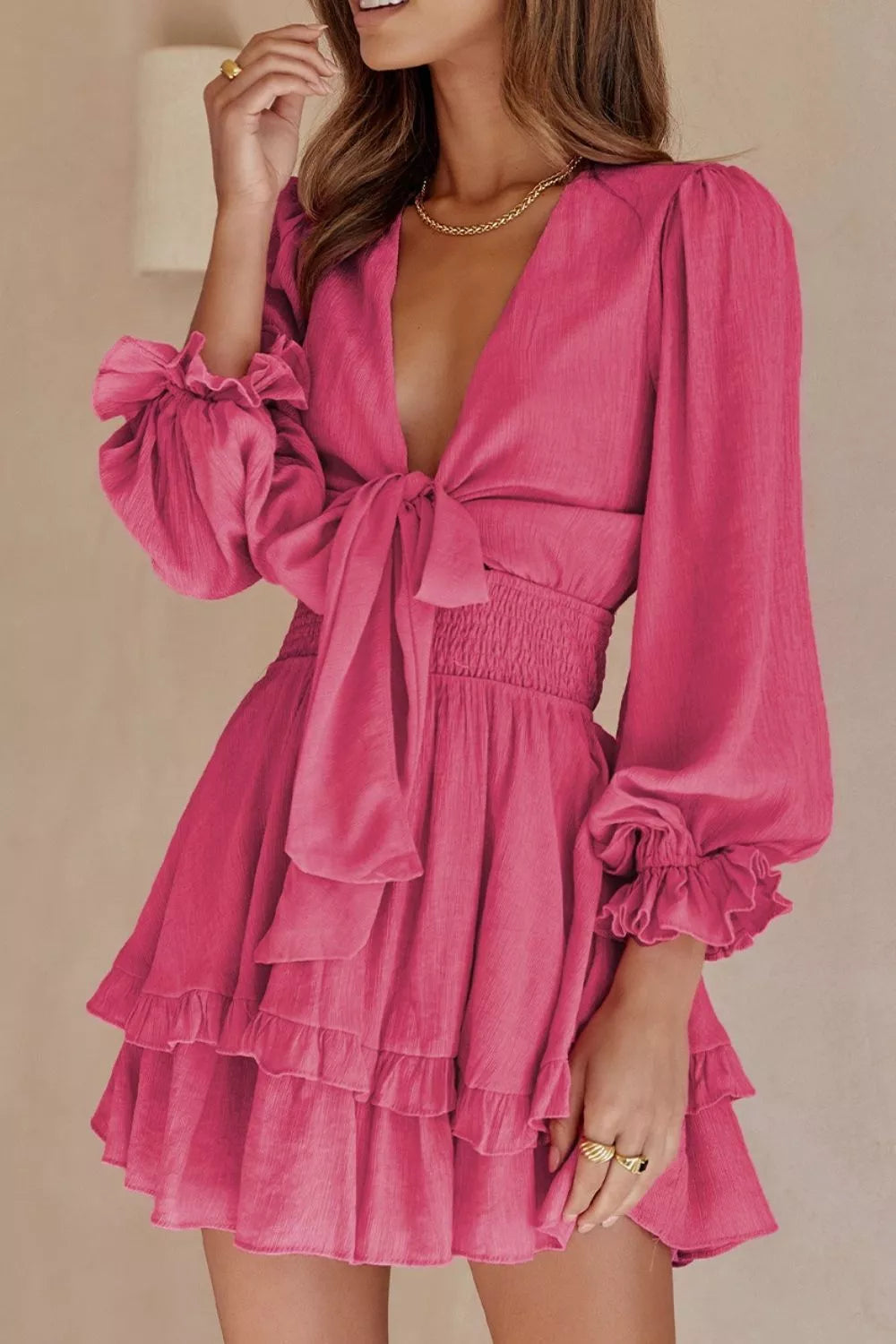 Hazel Blues® |  Elegant Tie-Front Ruffle Mini Dress with Smocked Wiast