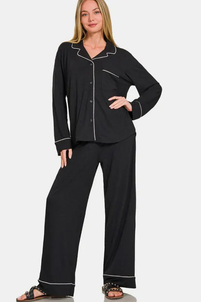 Hazel Blues® |  Zenana Button Down Long Sleeve Top and Pants Lounge Set