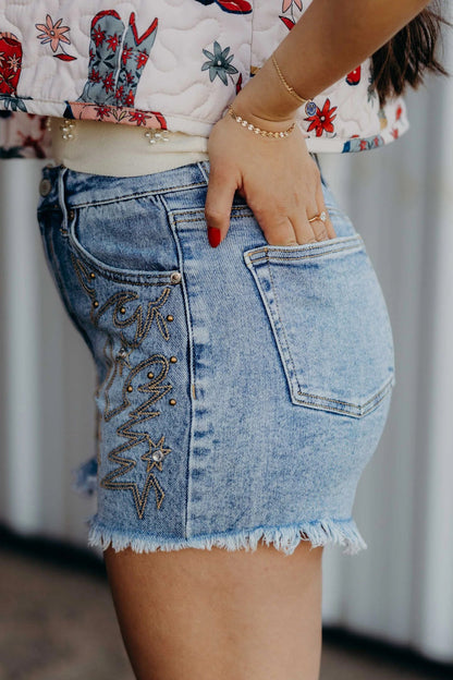 Hazel Blues® |  Dusk Blue Western Embroidery Stud Denim Shorts Summer Daily Wear