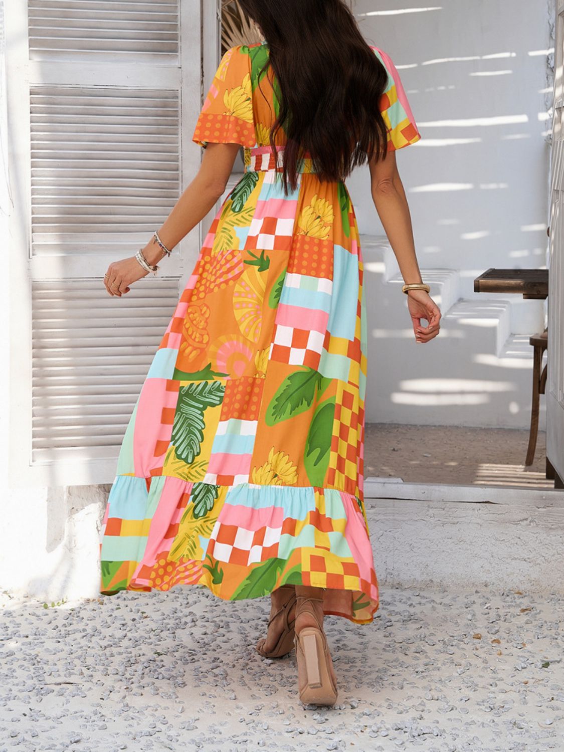 Hazel Blues® |  Devine Smocked Printed V-Neck Short Sleeve Maxi Dress