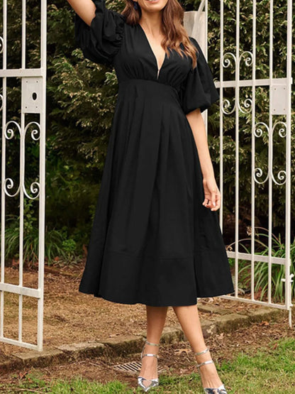 Hazel Blues® |  V-Neck Puff Sleeve Midi Dress
