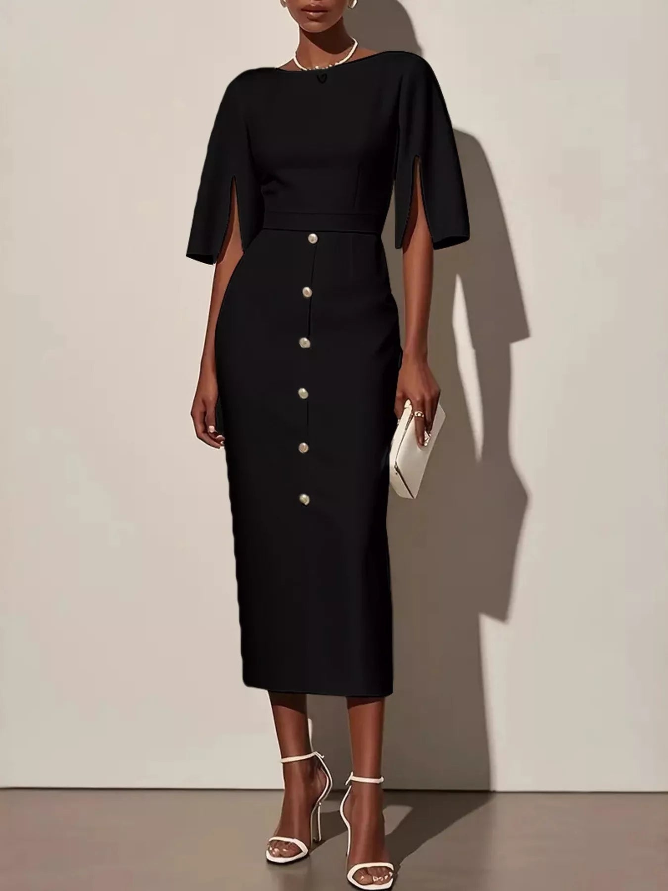 Hazel Blues® |  Slit Sleeve Midi Dress with Decorative Button