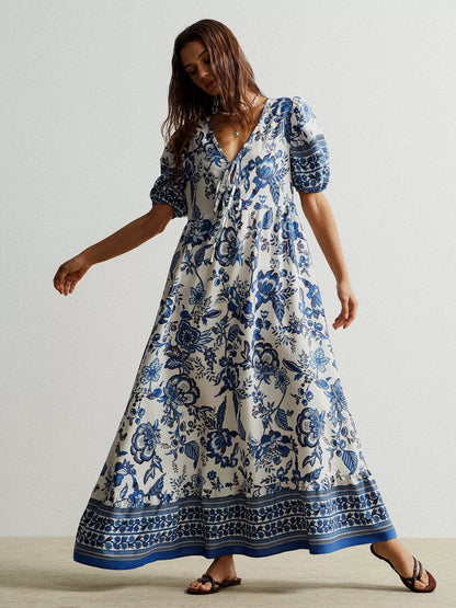 Hazel Blues® |  Floral Print Tie-Neck Puff Sleeve Maxi Dress