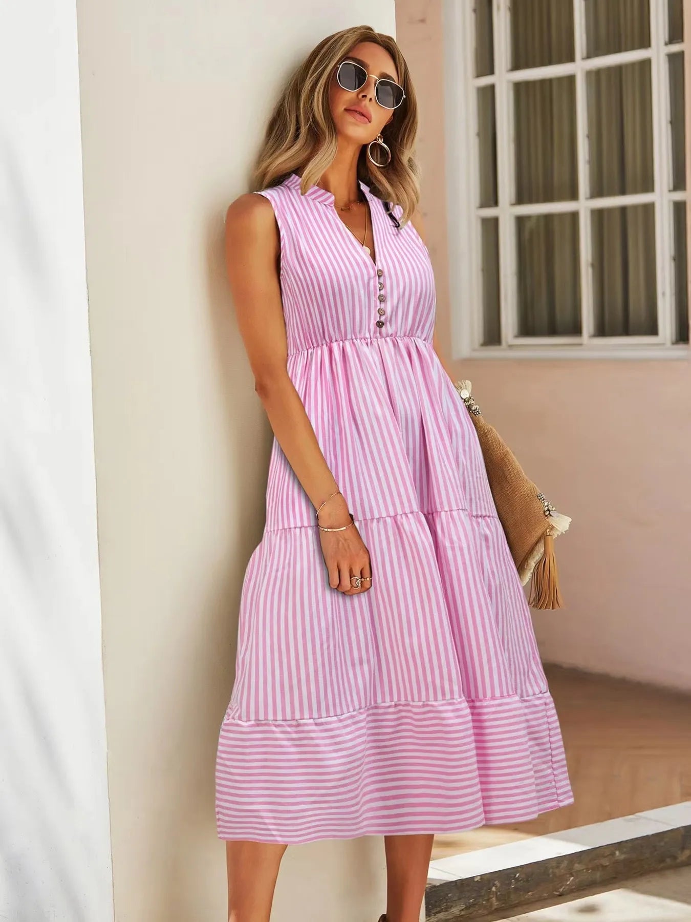 Hazel Blues® |  Striped Sleeveless Tiered Midi Dress