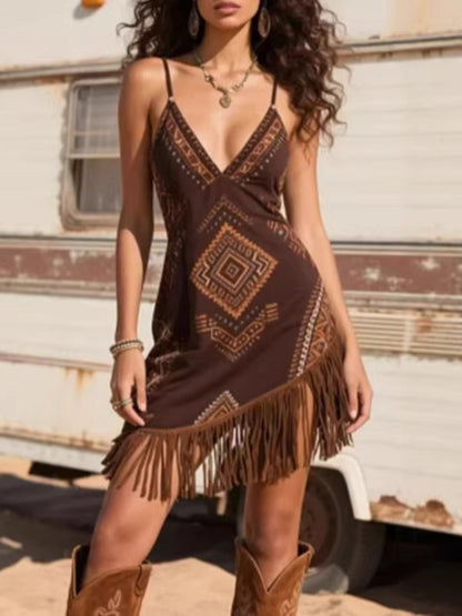 Hazel Blues® |  Fringe Trim Geometric Mini Dress