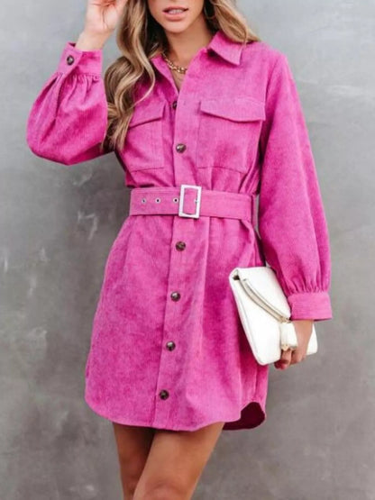 Hazel Blues® |  Button Front Belt Long Sleeve Corduroy Dress