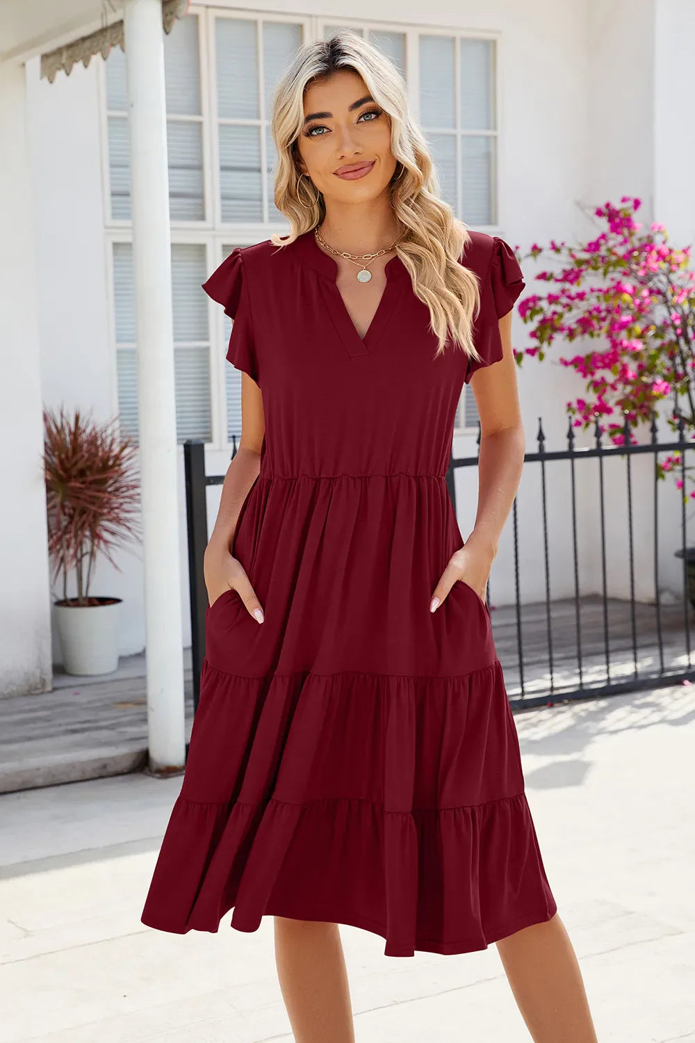 Hazel Blues® |  Ruched Notched Cap Sleeve Dress