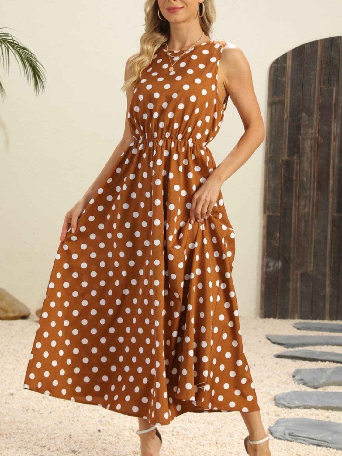 Hazel Blues® |  Polka Dot Round Neck Sleeveless Midi Dress