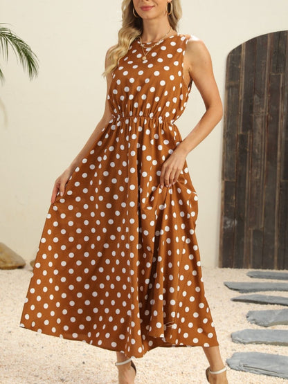 Hazel Blues® |  Polka Dot Round Neck Sleeveless Midi Dress
