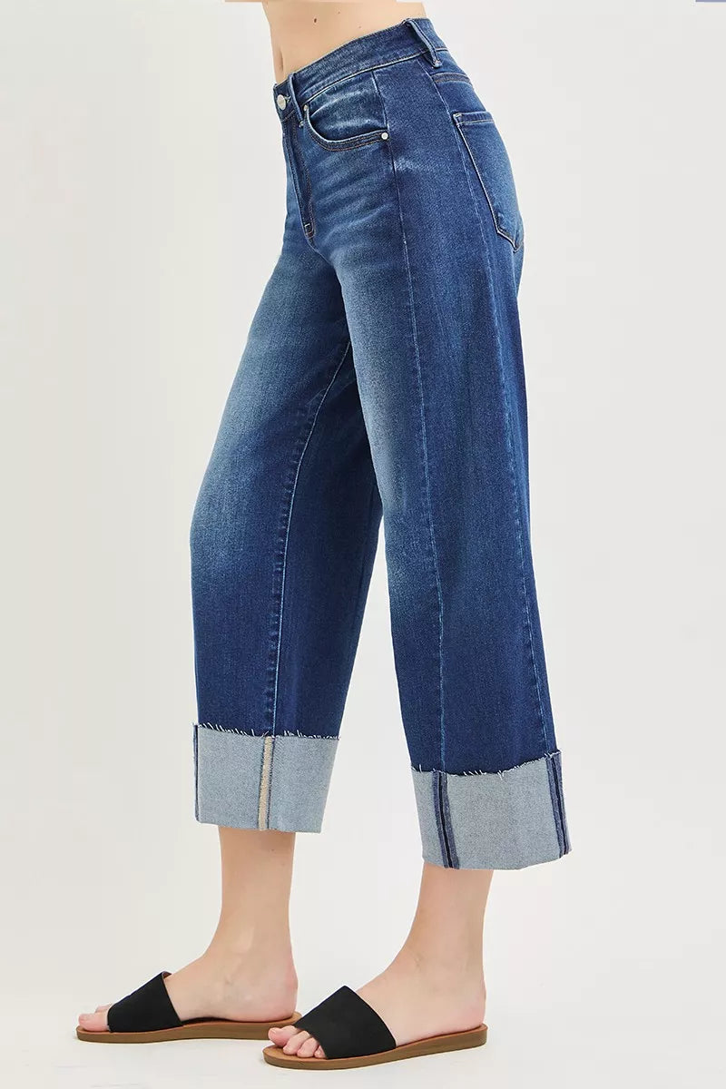 Hazel Blues® | RISEN Slouchy Crop Barrel Cuffed Jeans
