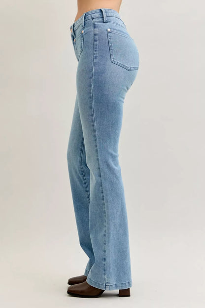 Hazel Blues® | Judy Blue Mid Rise Bootcut Jeans with Contrast Wash & Front Patch Pockets