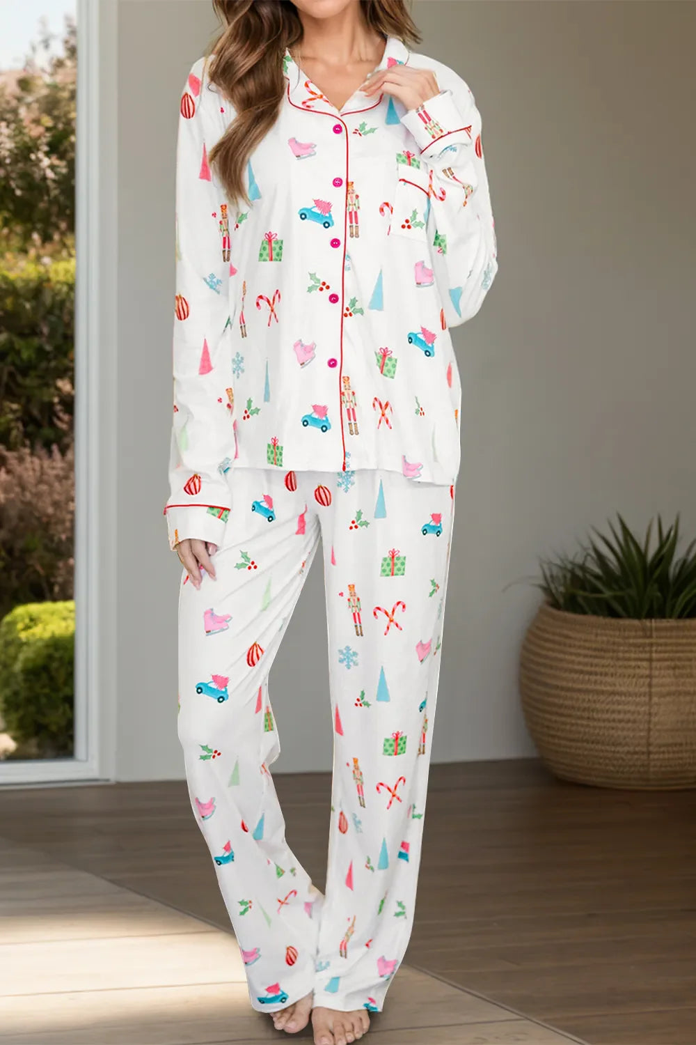 Hazel Blues® |  Printed Collared Neck Long Sleeve Top and Pants Lounge Set