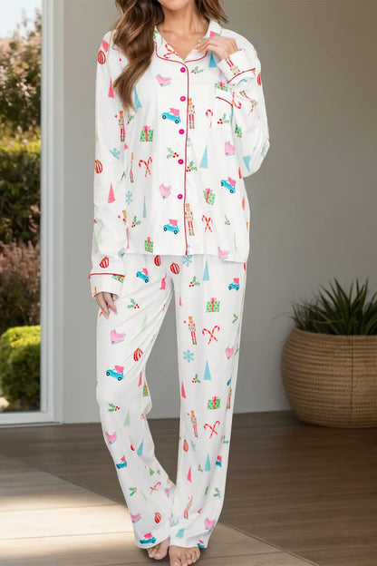 Hazel Blues® |  Printed Collared Neck Long Sleeve Top and Pants Lounge Set