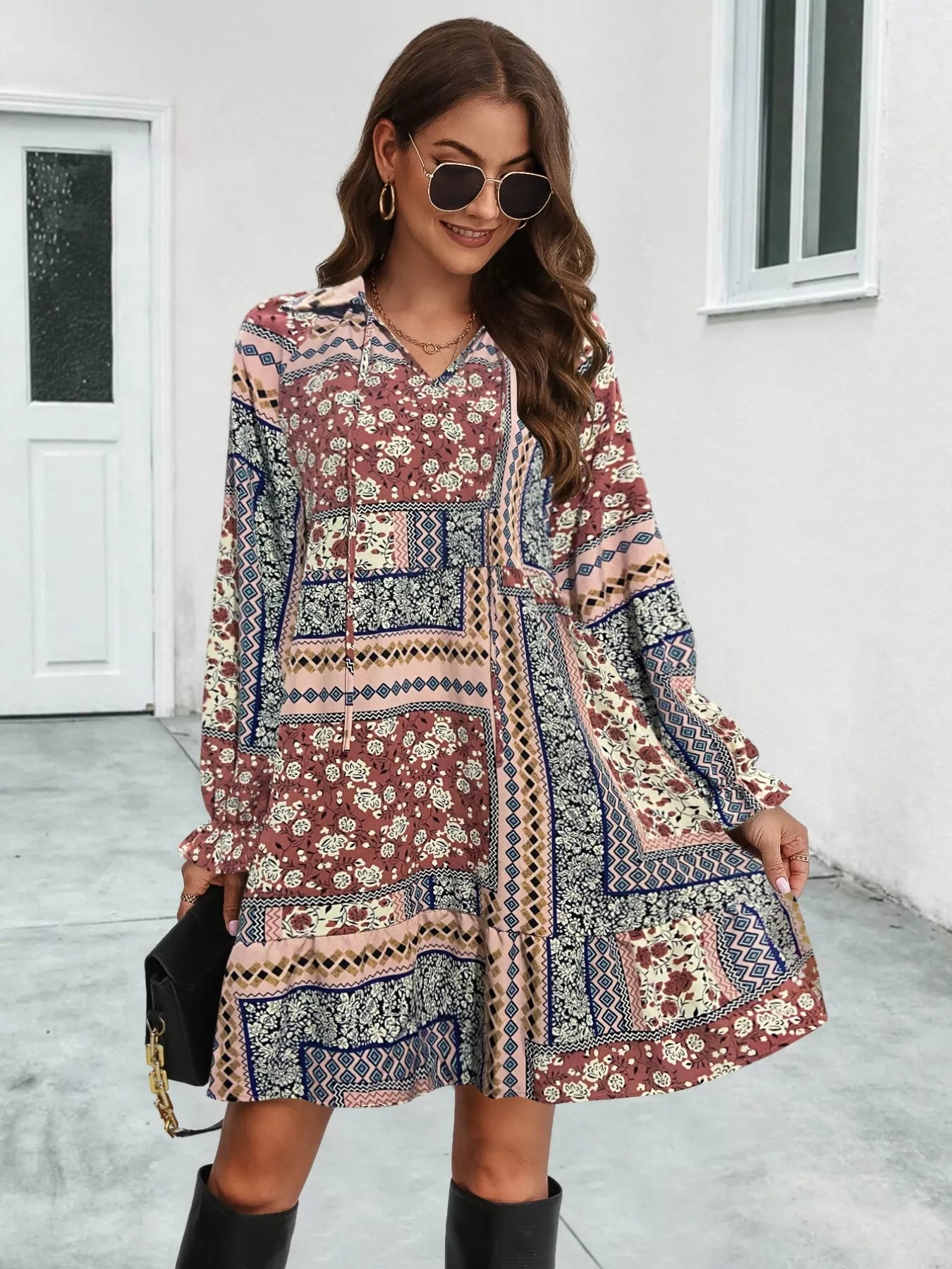 Hazel Blues® |  Boho Floral Print Long Sleeve Mini Dress