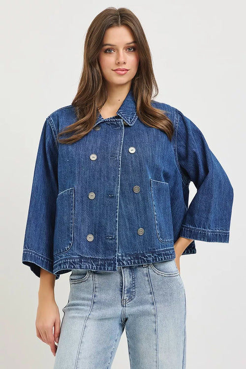 Hazel Blues® |  RISEN Double-Breasted Flowy Cropped Denim Jacket