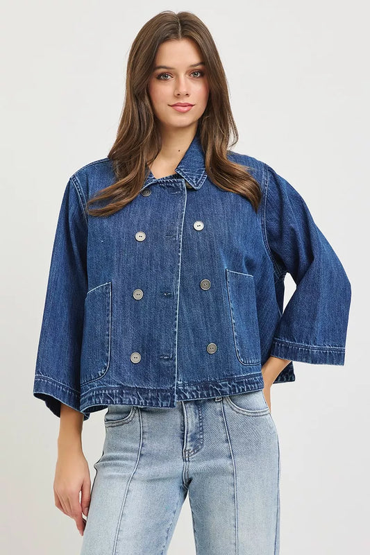 Hazel Blues® |  RISEN Double-Breasted Flowy Cropped Denim Jacket