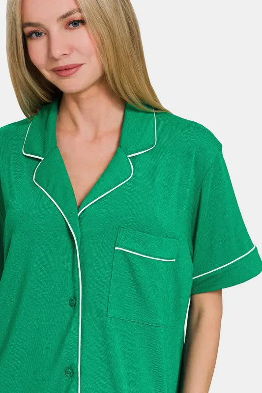 Hazel Blues® |  Zenana Button Down Short Sleeve Top and Shorts Lounge Set