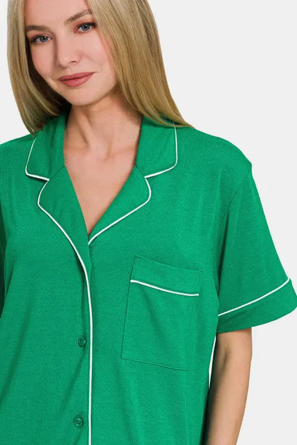Hazel Blues® |  Zenana Button Down Short Sleeve Top and Shorts Lounge Set