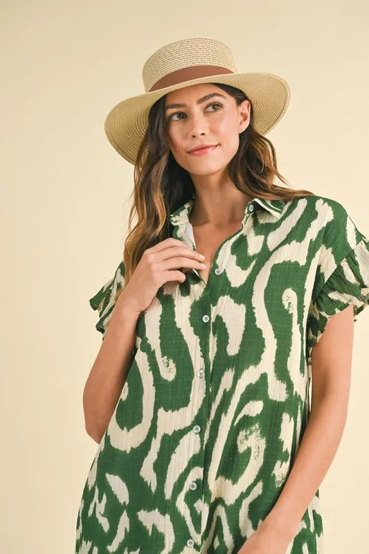 Hazel Blues® |  Annie Wear Abstract Printed Frill Sleeve Shirt Mini Dress