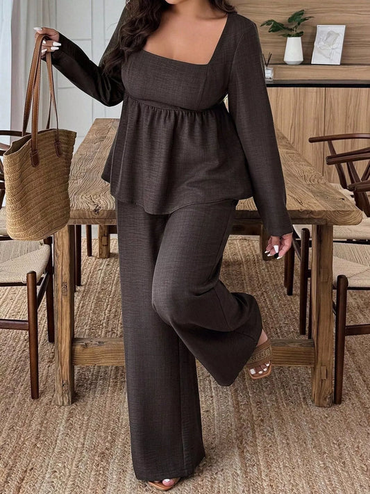Hazel Blues® | Square Neck Long Sleeve Top and Pants Two-Piece Set
