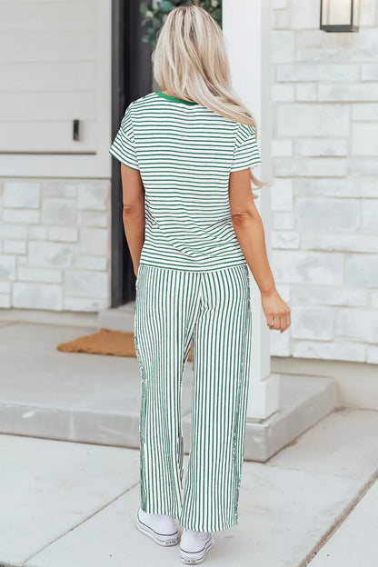 Hazel Blues® |  Stripe Crew Neck Tee Drawstring Waist Cropped Pants Set