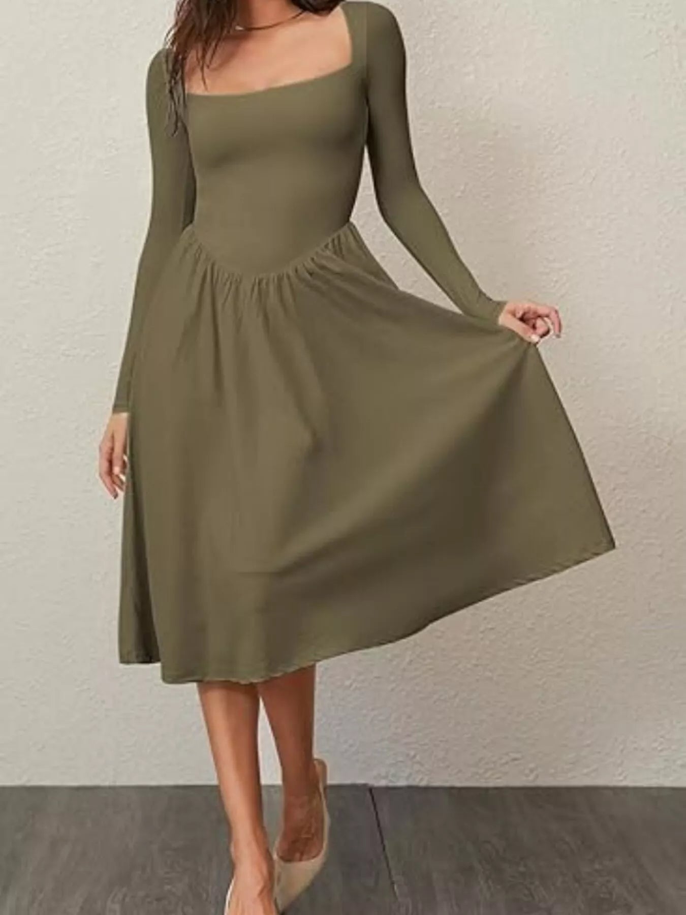 Hazel Blues® |  Square Neck Long Sleeve Midi Dress