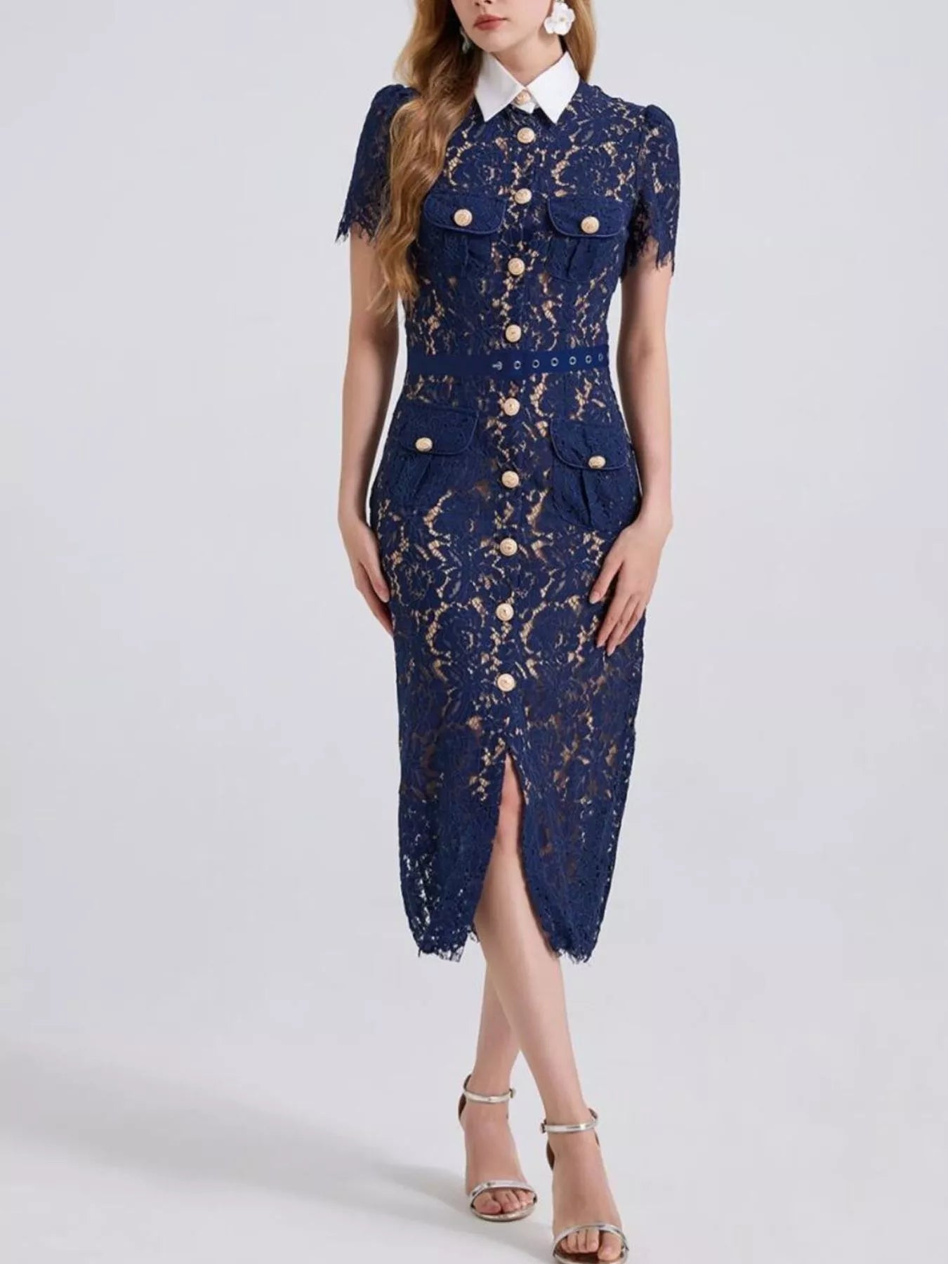 Hazel Blues® |  Lace Button-Down Midi Dress
