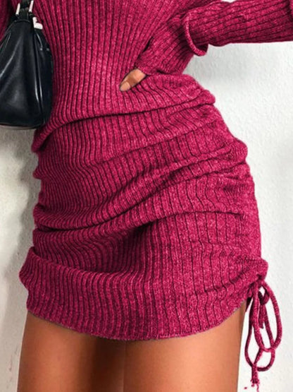 Hazel Blues® | Ribbed Knit Drawstring Bodycon Sweater Dress