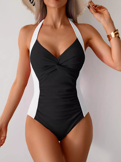Hazel Blues® | Twisted Front Halter Neck Ruched One-Piece Swimsuit