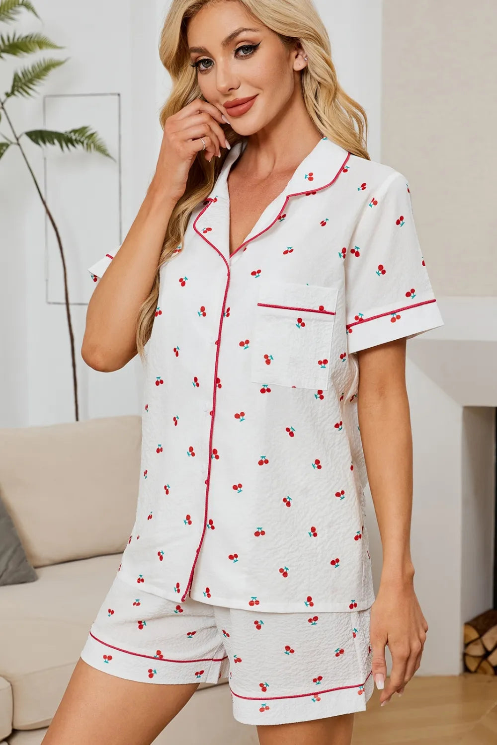 Hazel Blues® |  Cheery Print Collared Neck Top and Shorts Lounge Set