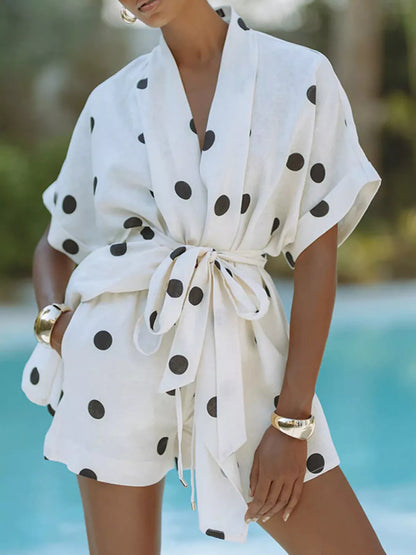 Hazel Blues® |  Polka Dot Tie Waist Top and Shorts Set