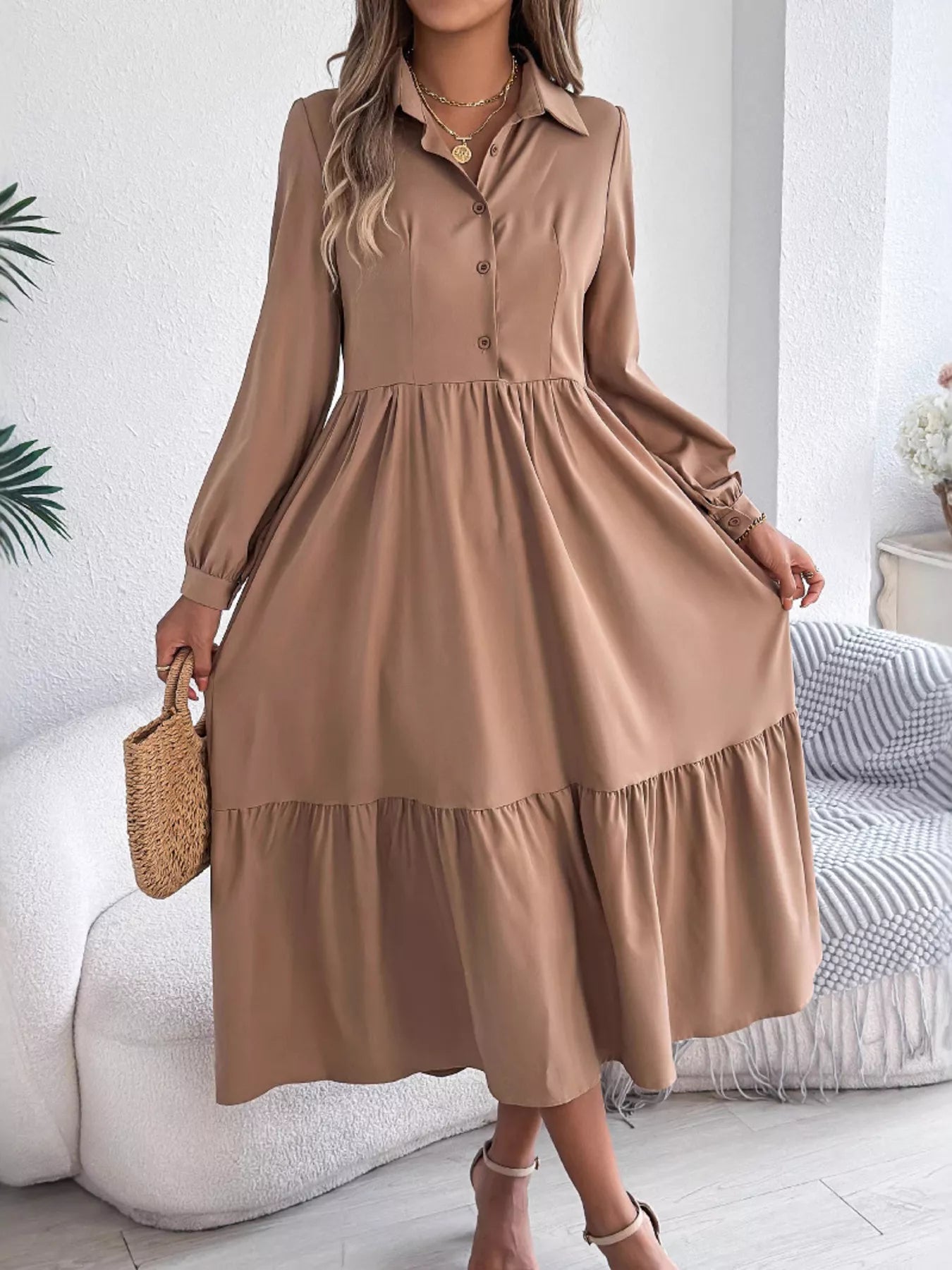 Hazel Blues® |  Long Sleeve Tiered Button Front Midi Dress