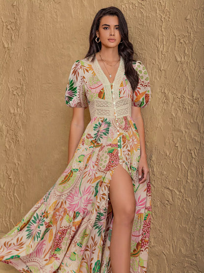 Hazel Blues® |  Lace Trim Floral Print Puff Sleeve Dress
