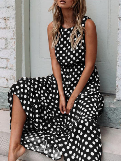 Hazel Blues® |  Polka Dot Round Neck Sleeveless Midi Dress