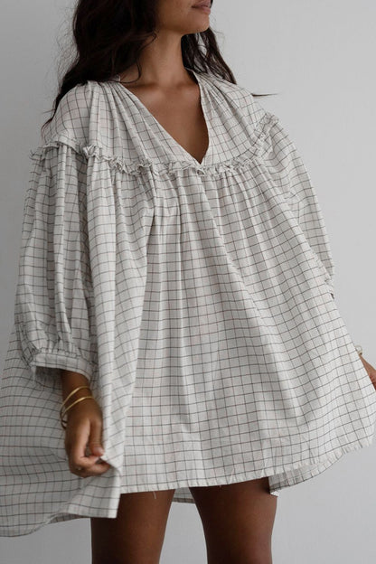 Hazel Blues® |  Frill Plaid Notched Balloon Sleeve Mini Dress