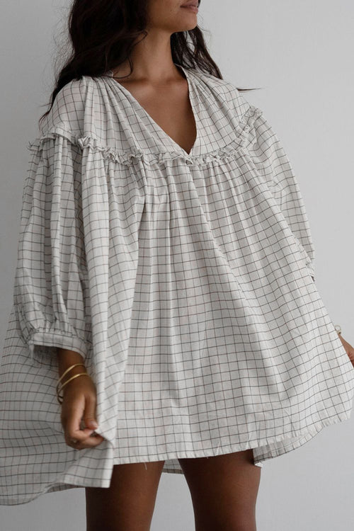 Hazel Blues® |  Frill Plaid Notched Balloon Sleeve Mini Dress
