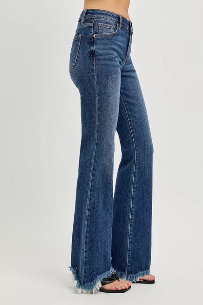 Hazel Blues® | RISEN Mid Rise Flare Frayed Hem Jeans