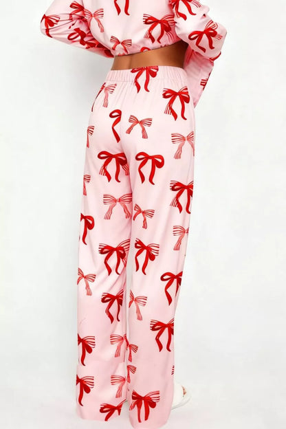 Hazel Blues® |  Bow Print Top and Wide Leg Pants Lounge Set